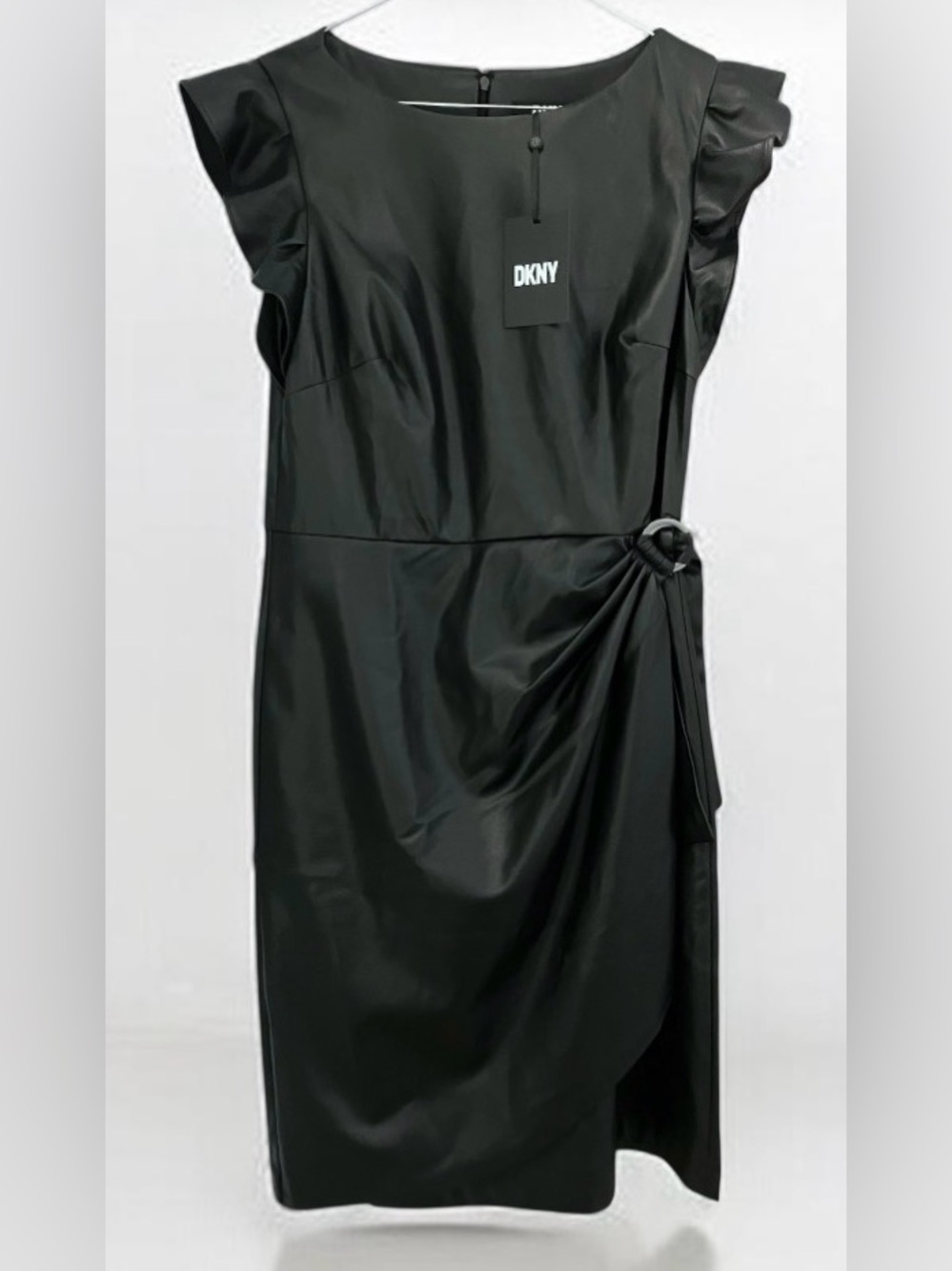 DKNY Faux Leather Black Dress with Ruffle Sleeves & Side Drape - NWT Size 4